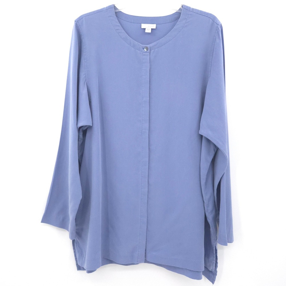 Pure Jill J. Jill Button Tunic Women Large Blue 100% Tencel Long Sleeve Blouse